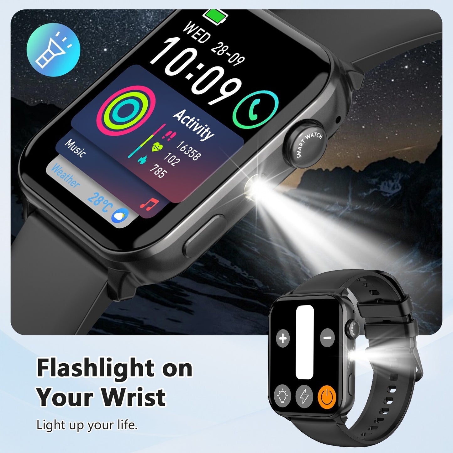 Smart Watch Bluetooth Calling Fitness Tracker Men Women  LED Flashlight Watches