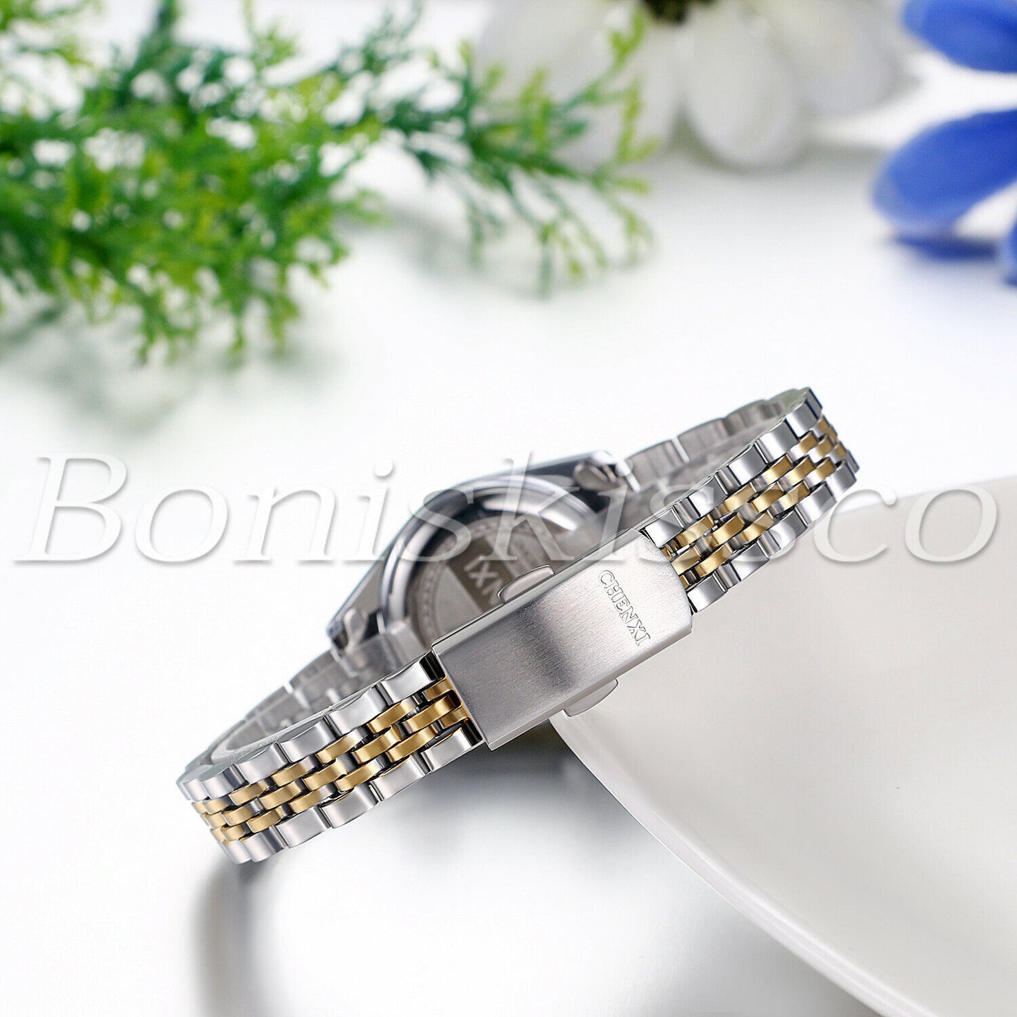 Men's Women's Luxury Luminous Rhinestone Stainless Steel Wristband Couples Watch