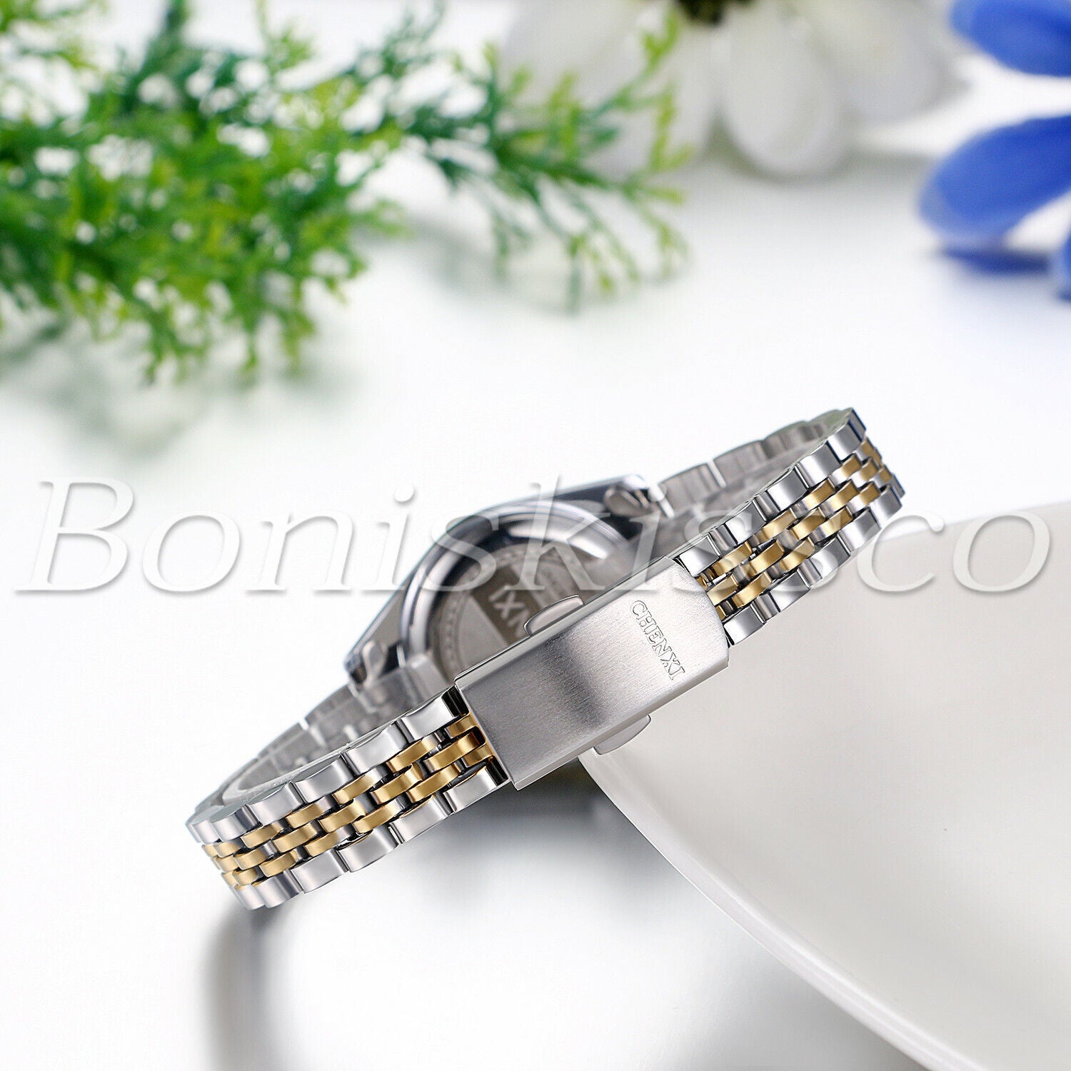 Men's Women's Luxury Luminous Rhinestone Stainless Steel Wristband Couples Watch
