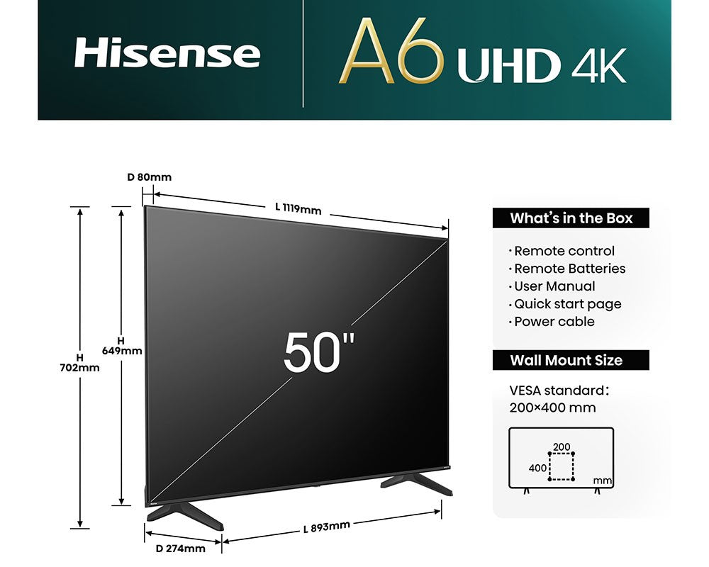 Hisense 50A6NTUK A6N 50" 4K UHD HDR Smart TV