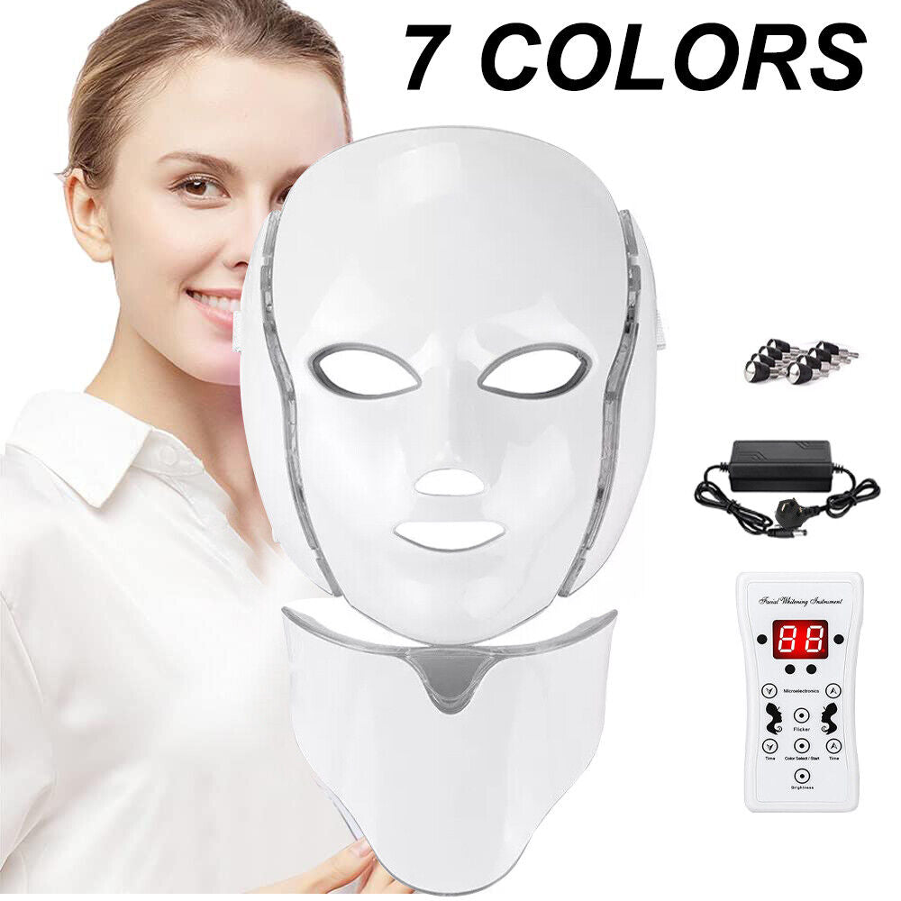 7 LED Light Photon Therapy Face Neck Mask Rejuvenation Skin Wrinkles Anti-aging