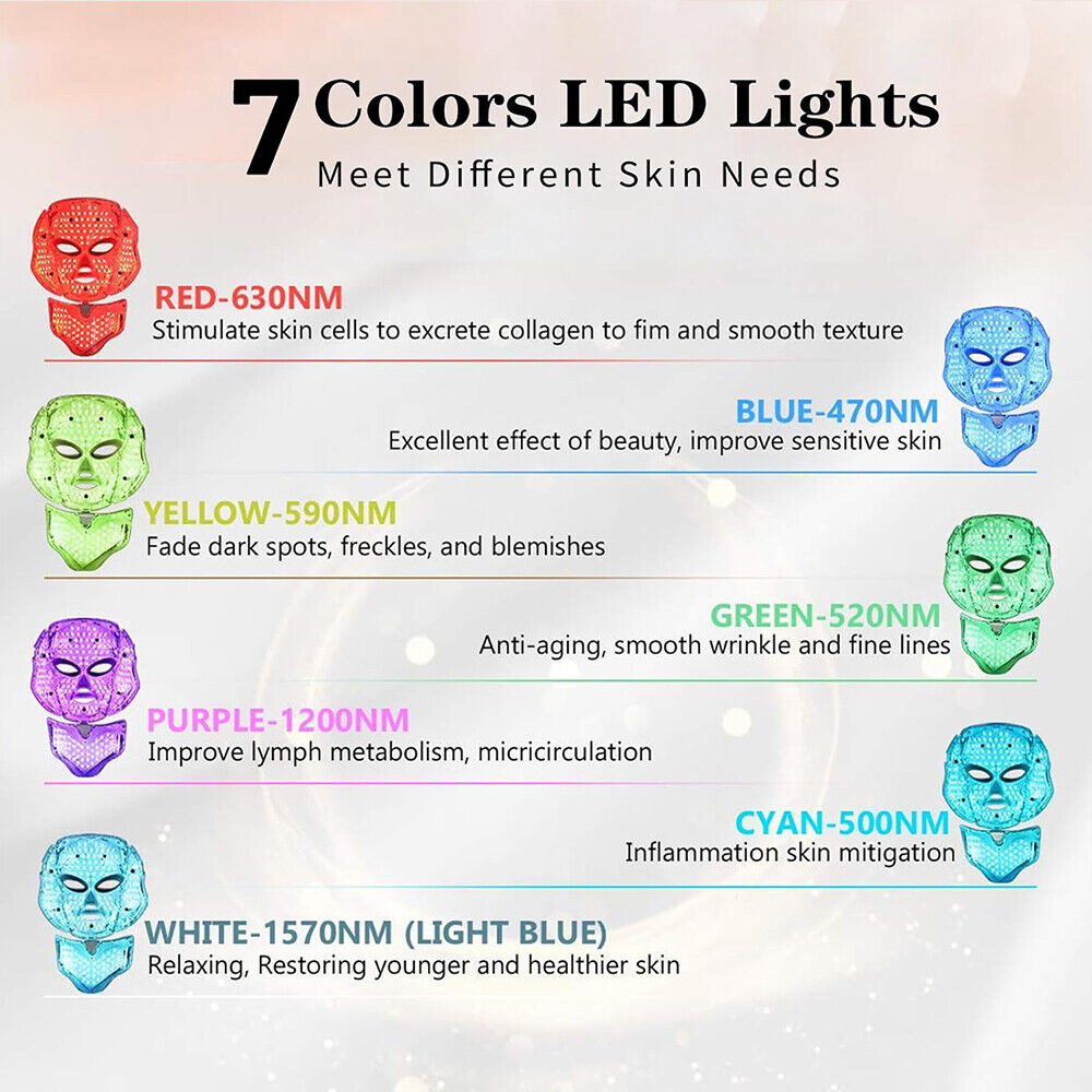 7 LED Light Photon Therapy Face Neck Mask Rejuvenation Skin Wrinkles Anti-aging