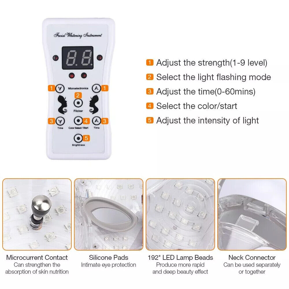 7 LED Light Photon Therapy Face Neck Mask Rejuvenation Skin Wrinkles Anti-aging