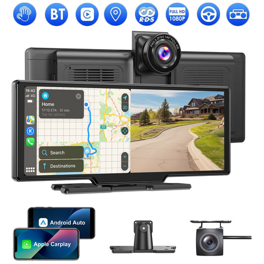10" Portable 4K Touch Screen Car Stereo Wireless Apple Carplay Android Auto BT