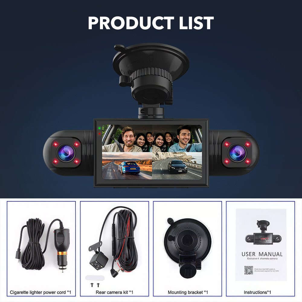 1080P Car Dash Camera +64GB Card Front Rear Driving Recorder 4 Channel G-Sensor