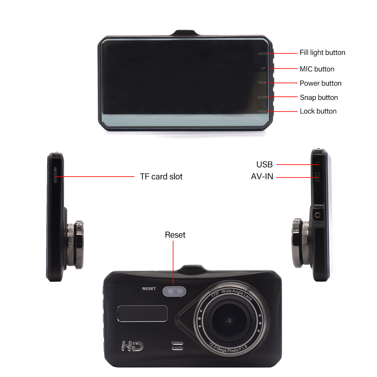 4" Dash Cam Pro Car Camera Recorder Dual Front and Rear HD 1080P Night + SD Card