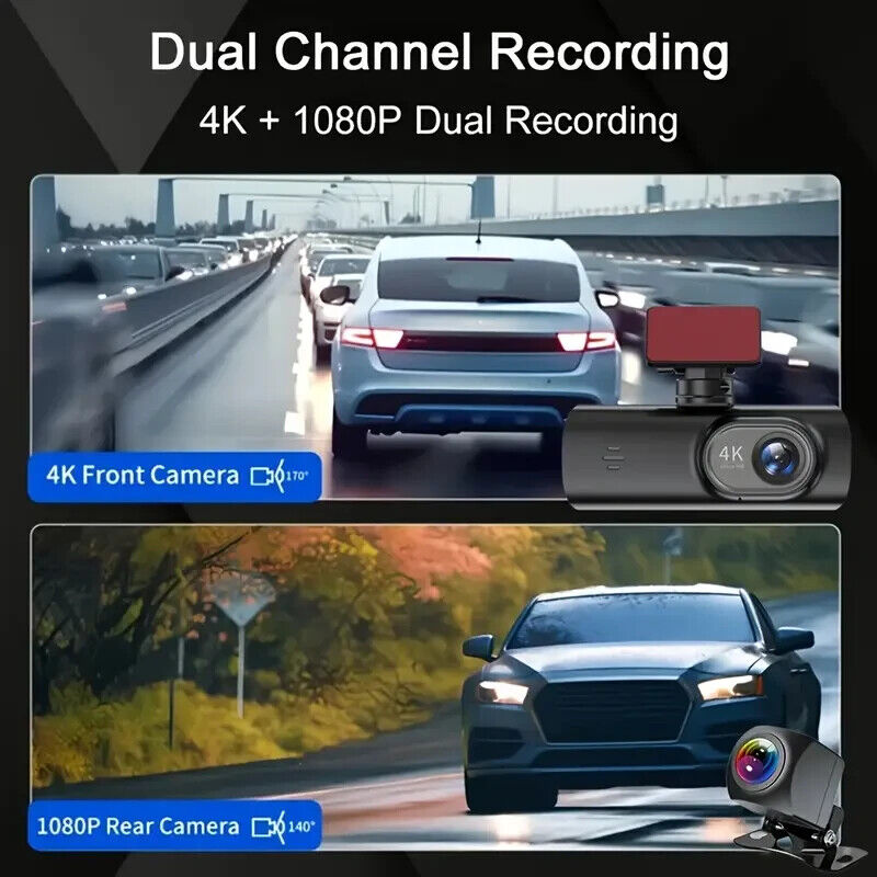 4K Dash Cam Front and Rear View 170° Car Camera Night Vision with Built in WiFi