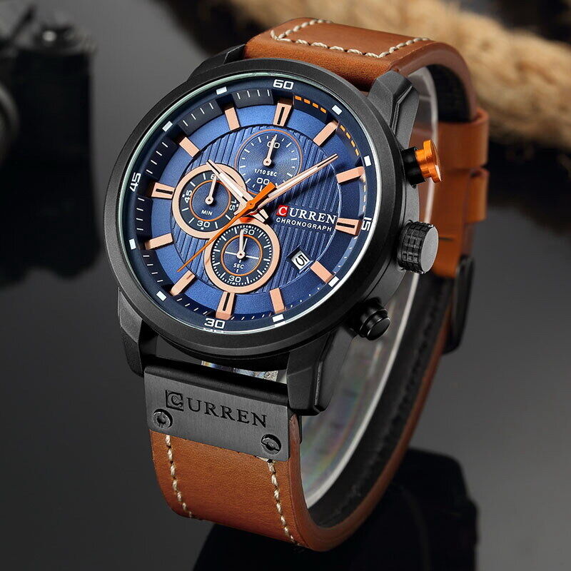 CURREN Men's Chronograph Date Waterproof Leather Strap Luxury Sports Wrist Watch