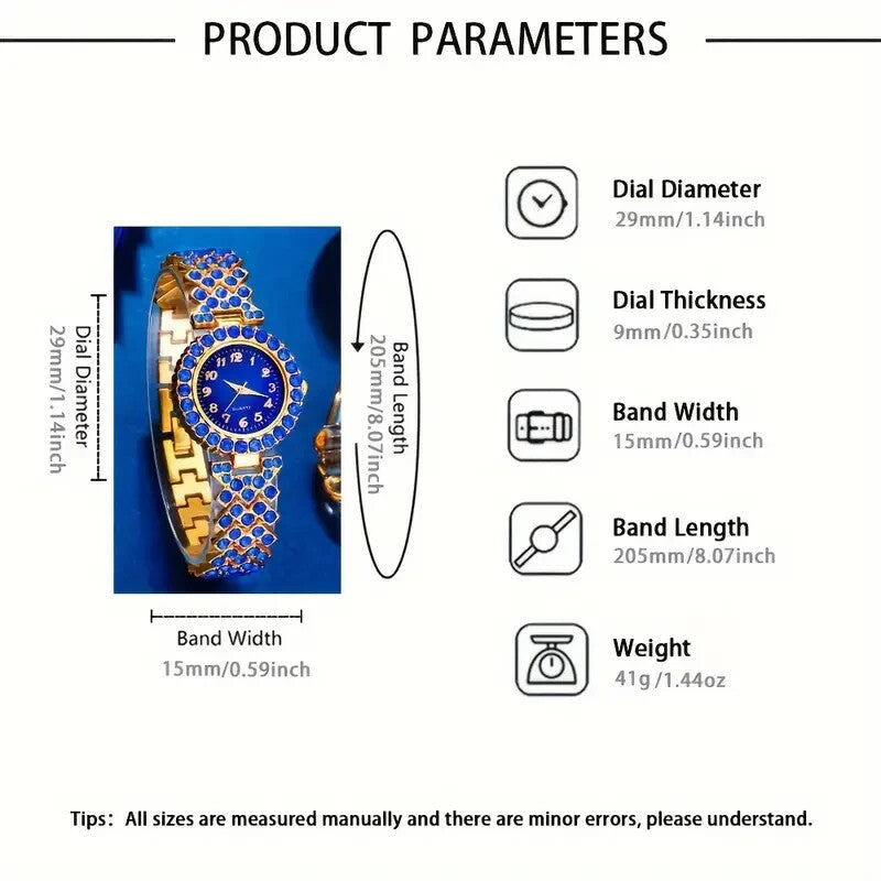 Watch Gift Set for Women Ladies Blue Gold Rhinestone 5 Pieces of Jewellery UK