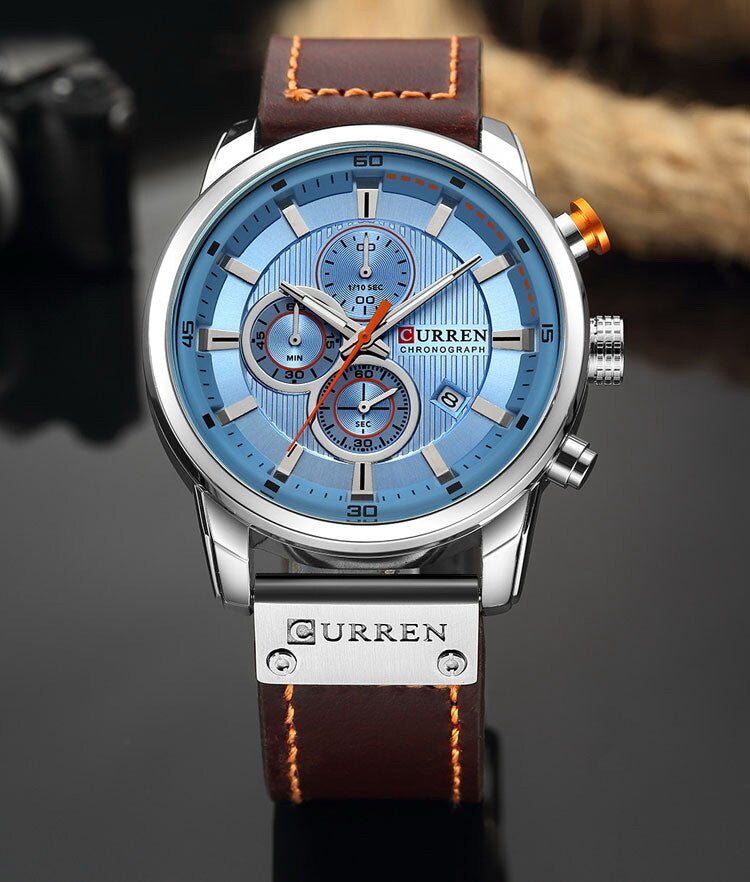 CURREN Men's Chronograph Date Waterproof Leather Strap Luxury Sports Wrist Watch