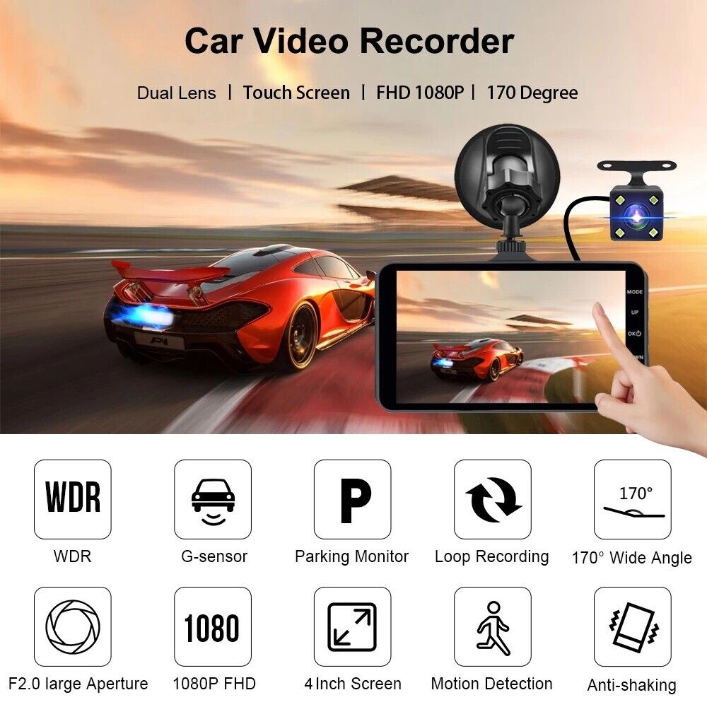 4" Dash Cam Pro Car Camera Recorder Dual Front and Rear HD 1080P Night Vision UK