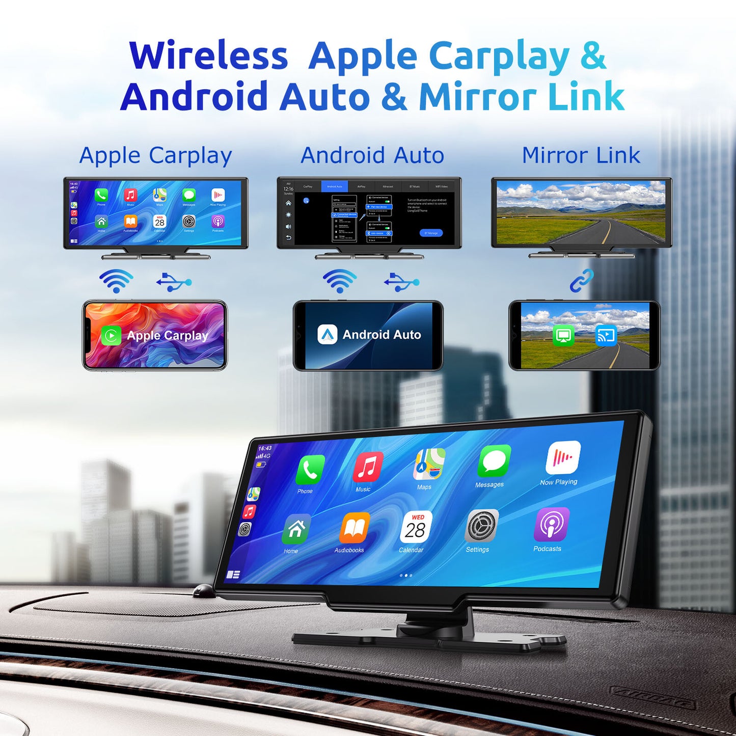 10" Portable 4K Touch Screen Car Stereo Wireless Apple Carplay Android Auto BT