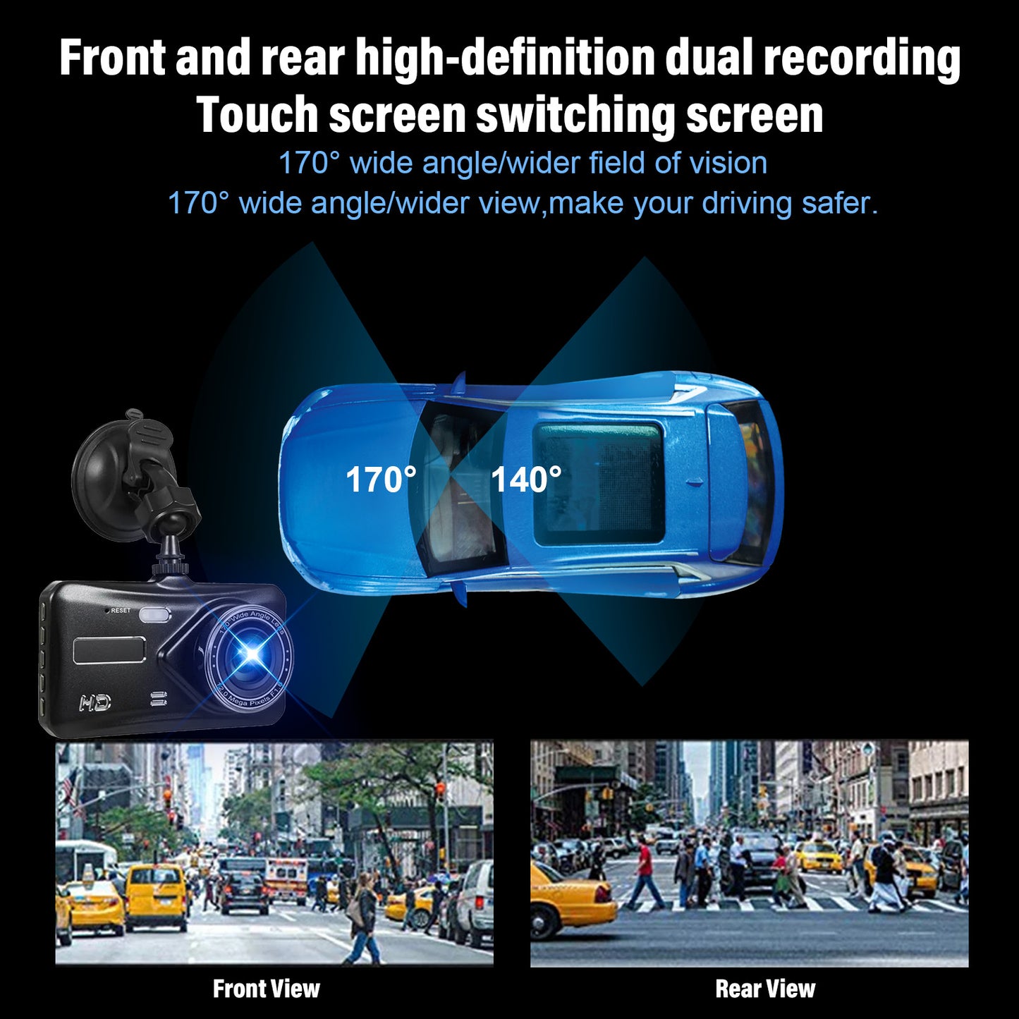 4" Dash Cam Pro Car Camera Recorder Dual Front and Rear HD 1080P Night + SD Card