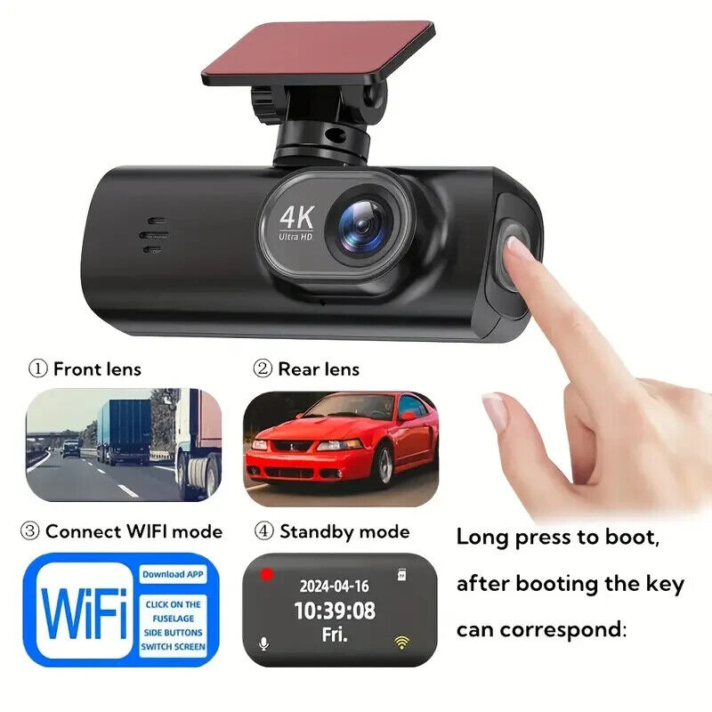 4K Dash Cam Front and Rear View 170° Car Camera Night Vision with Built in WiFi