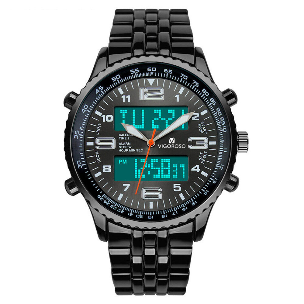 Luxury Mens Analogue Digital LED Stainless Steel Waterproof Military Sport Watch