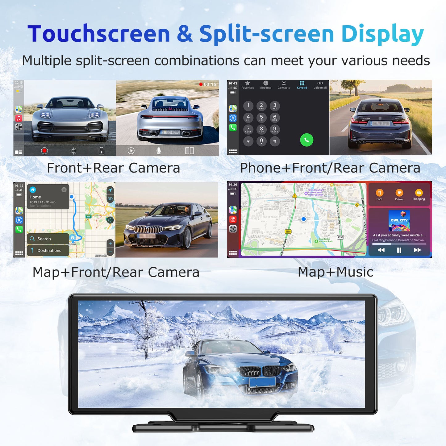 10" Portable 4K Touch Screen Car Stereo Wireless Apple Carplay Android Auto BT