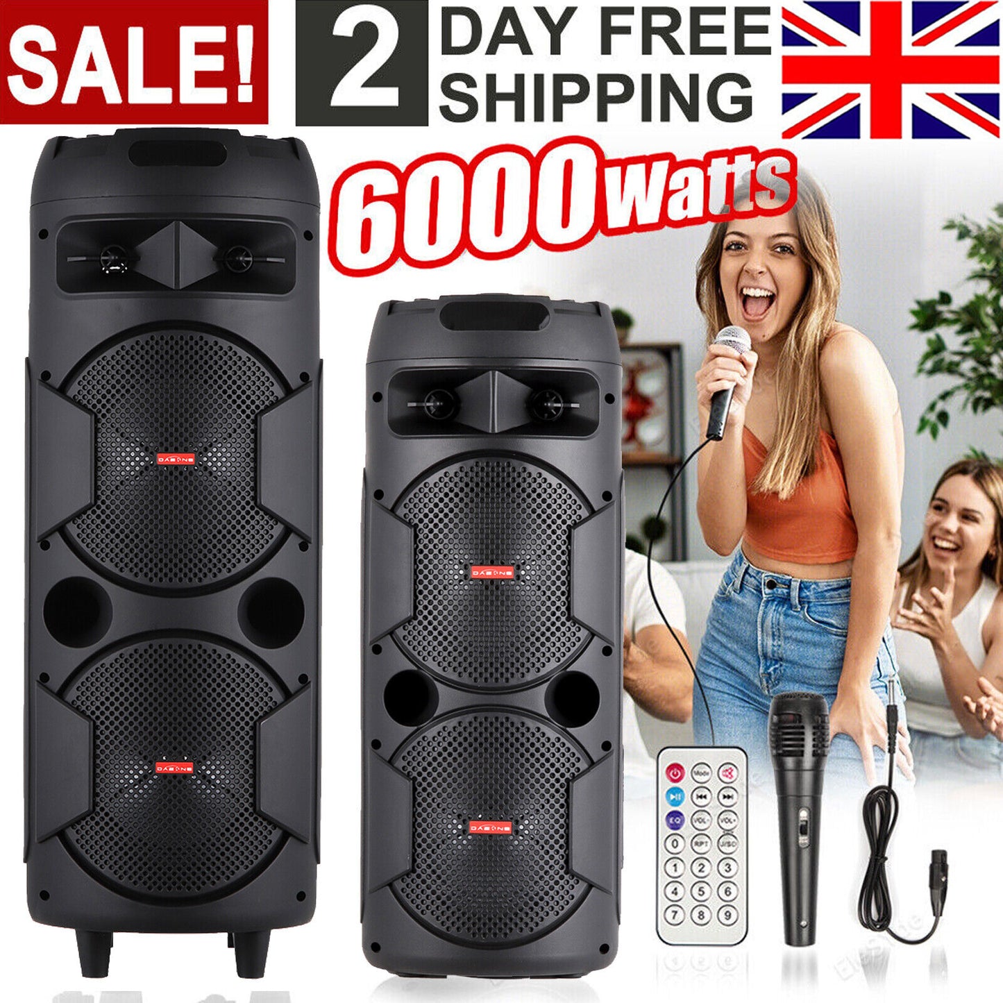 6000W Bluetooth Speaker Portable Dual Sub Woofer Heavy Bass Party DJ System Mic