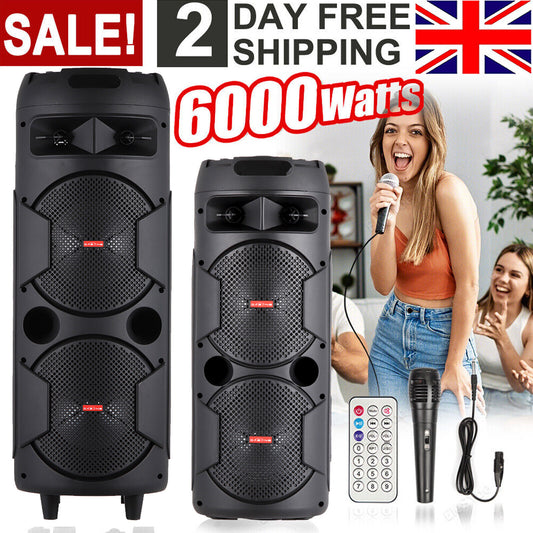 6000W Bluetooth Speaker Portable Dual Sub Woofer Heavy Bass Party DJ System Mic