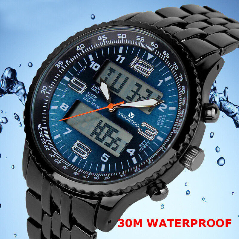 Luxury Mens Analogue Digital LED Stainless Steel Waterproof Military Sport Watch