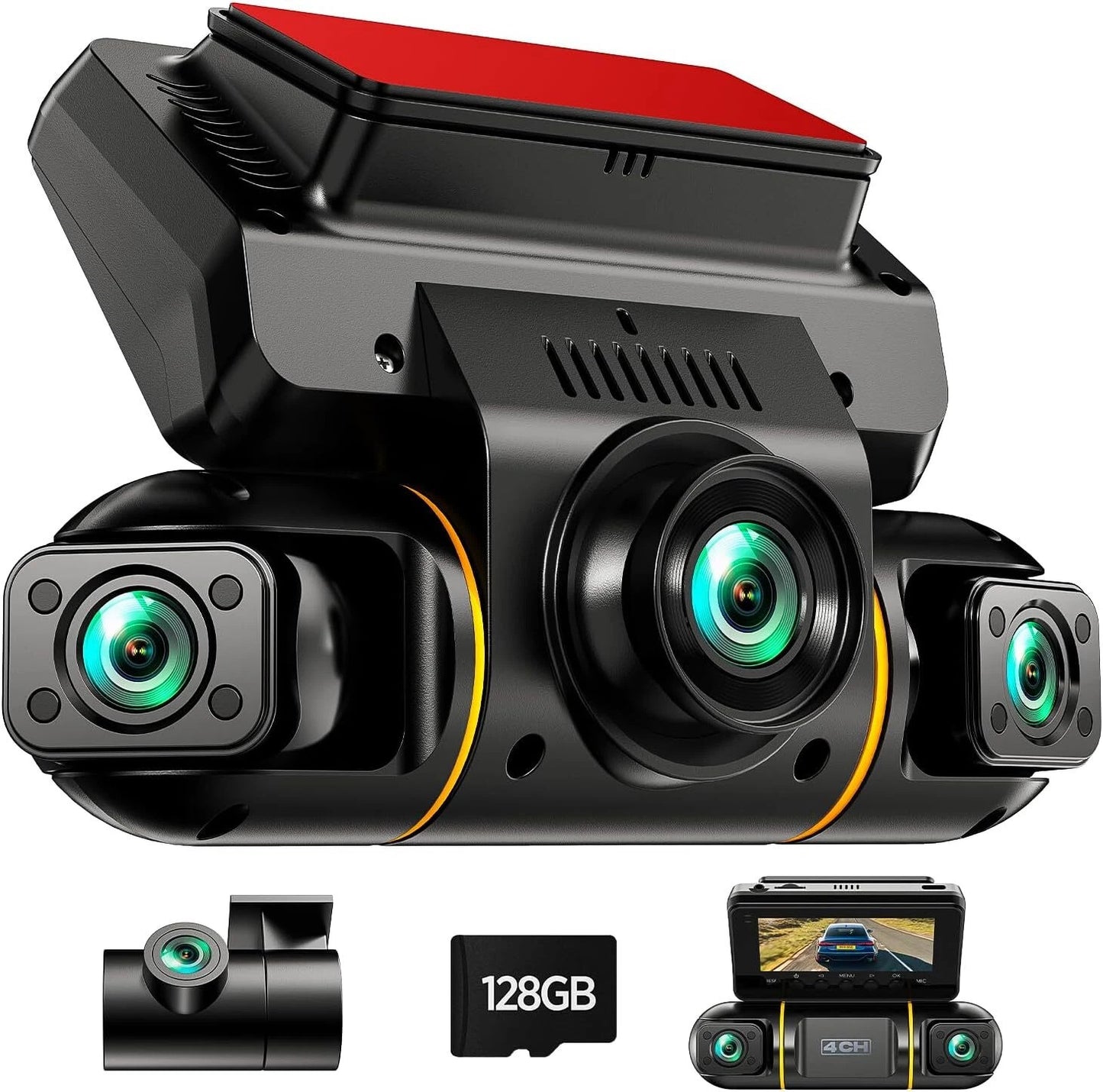 4 Channel Dash Cam 360° Front Rear Inside DashCam, FHD 1080P Car Camera 128GB