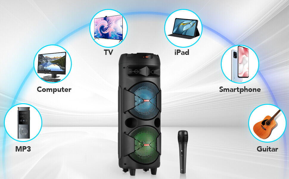 6000W Bluetooth Speaker Portable Dual Sub Woofer Heavy Bass Party DJ System Mic