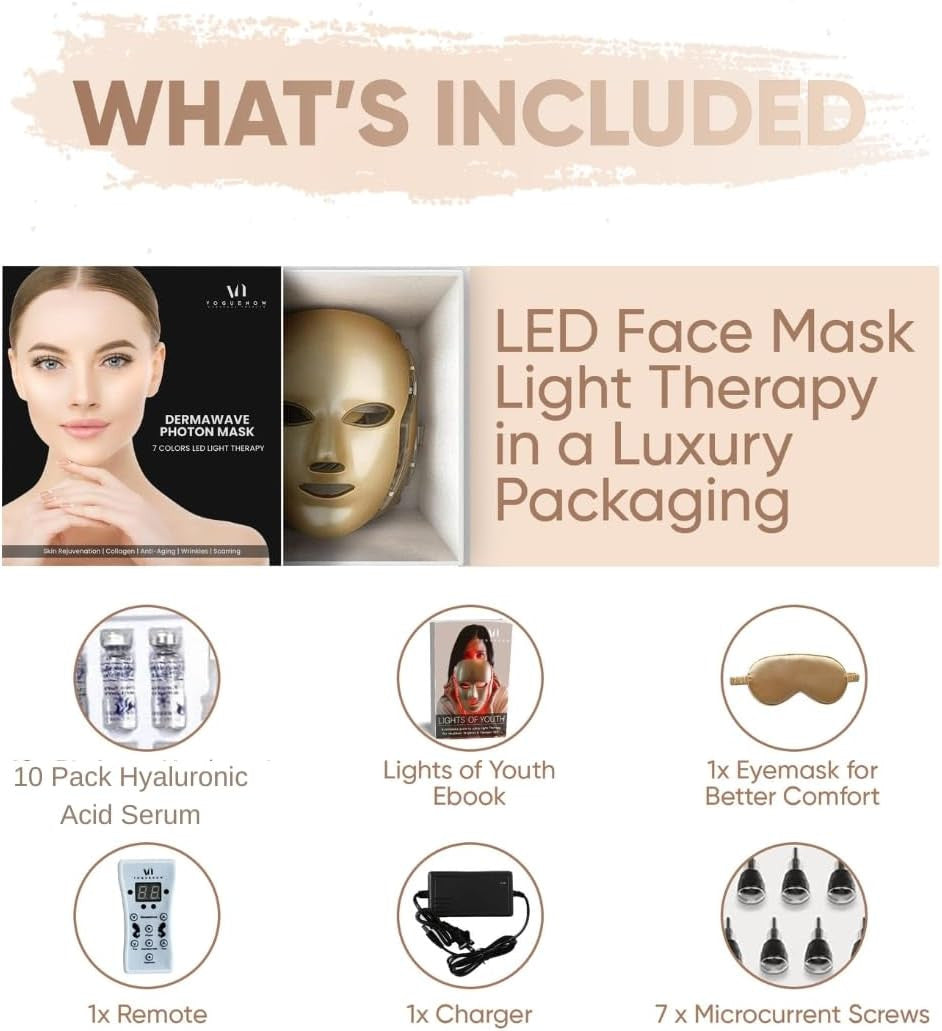Led Face Mask Light Therapy - Dermawave 7 Colors Light Therapy Mask with 10 Pcs