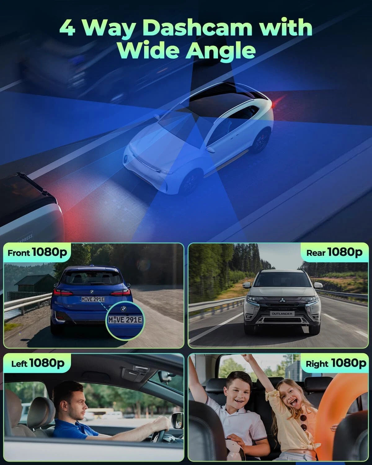 4 Channel Dash Cam 360° Front Rear Inside DashCam, FHD 1080P Car Camera 128GB