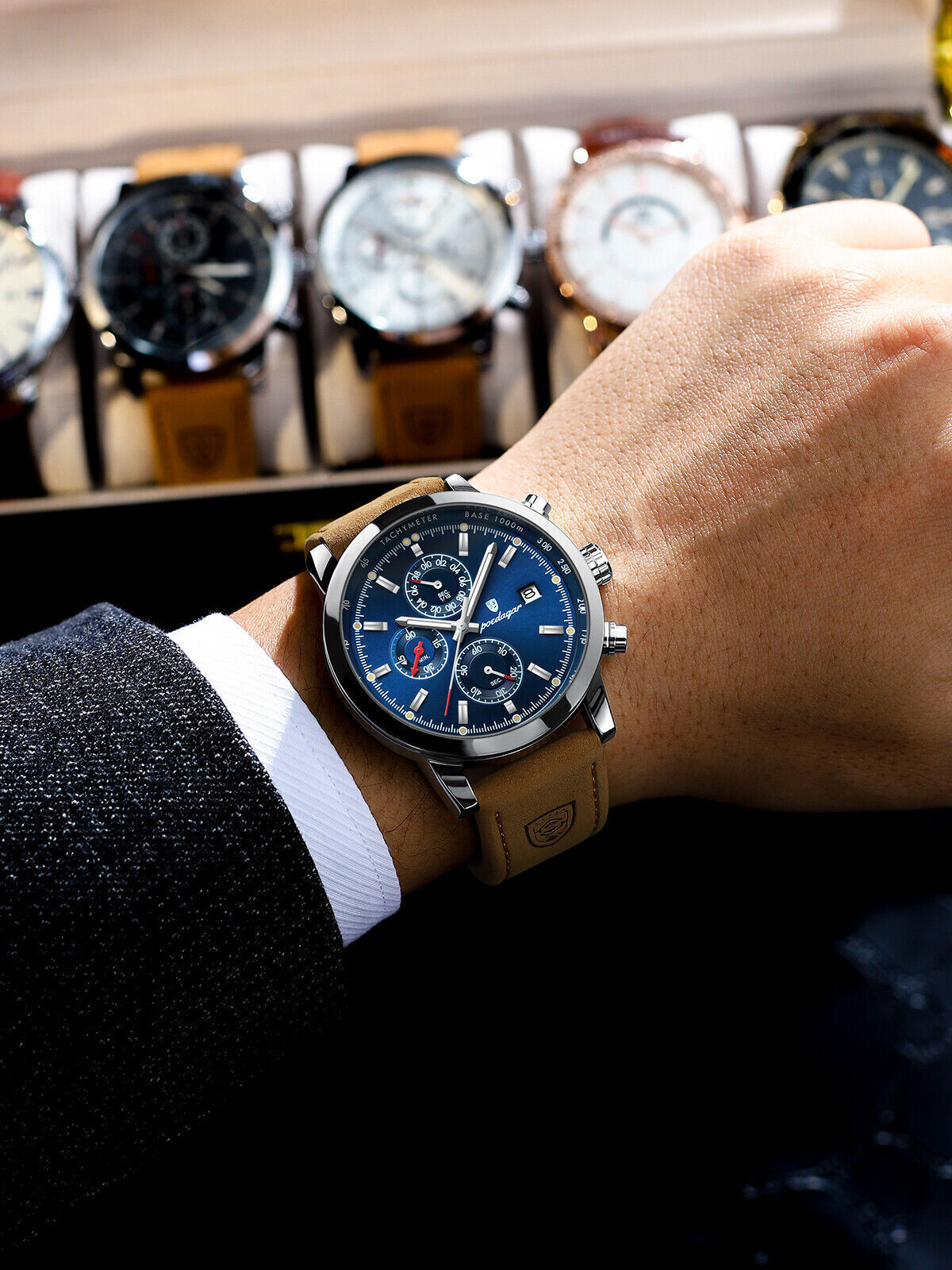 Mens Luxury Watch Waterproof Luminous Date Chronograph Leather Quartz Wristwatch