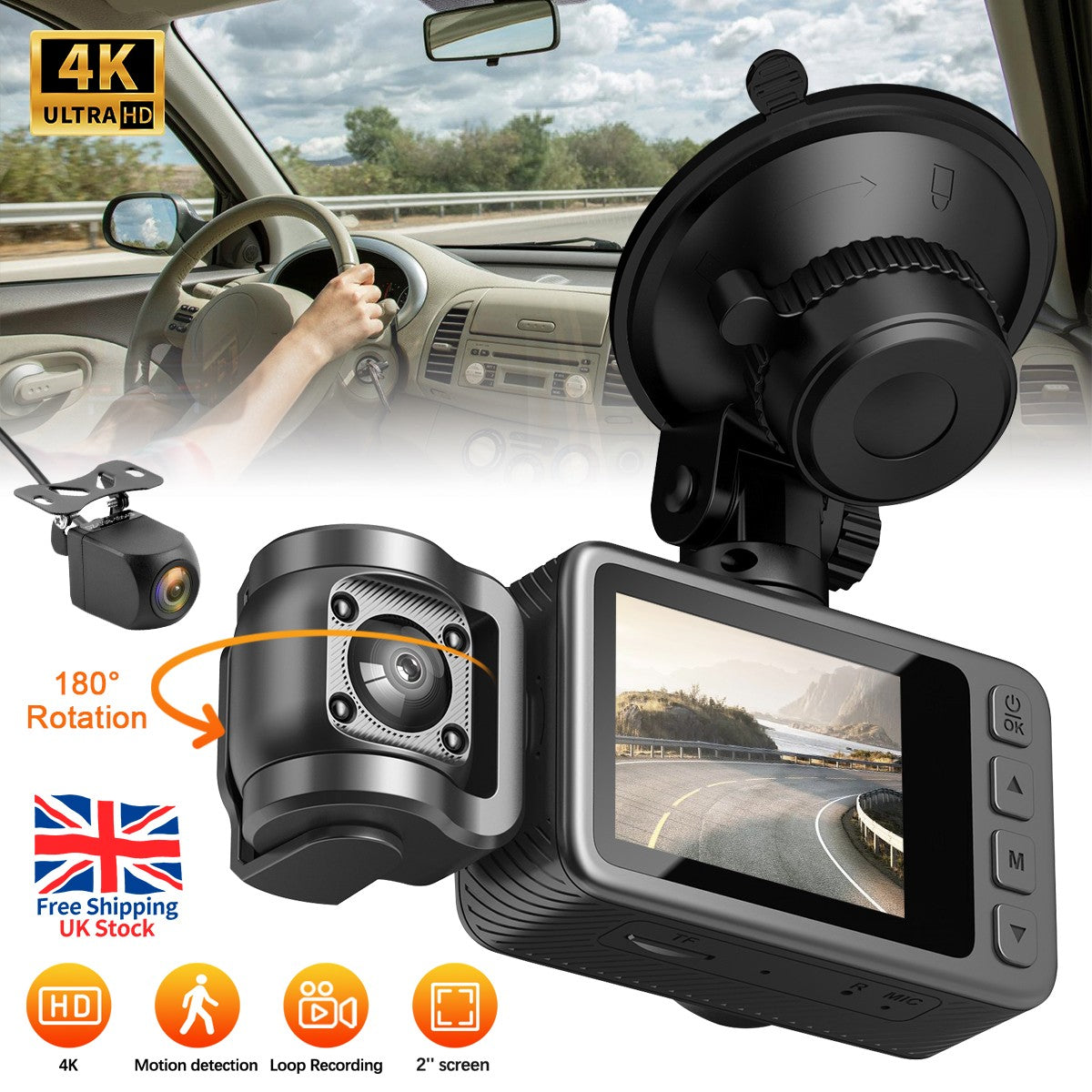 Front and Rear 4K Dash Cam View 120° Car Camera Night Vision with Built in WiFi