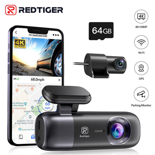 REDTIGER 4K Dash Cam Front and Rear Dash Camera WiFi GPS with Free SD Card