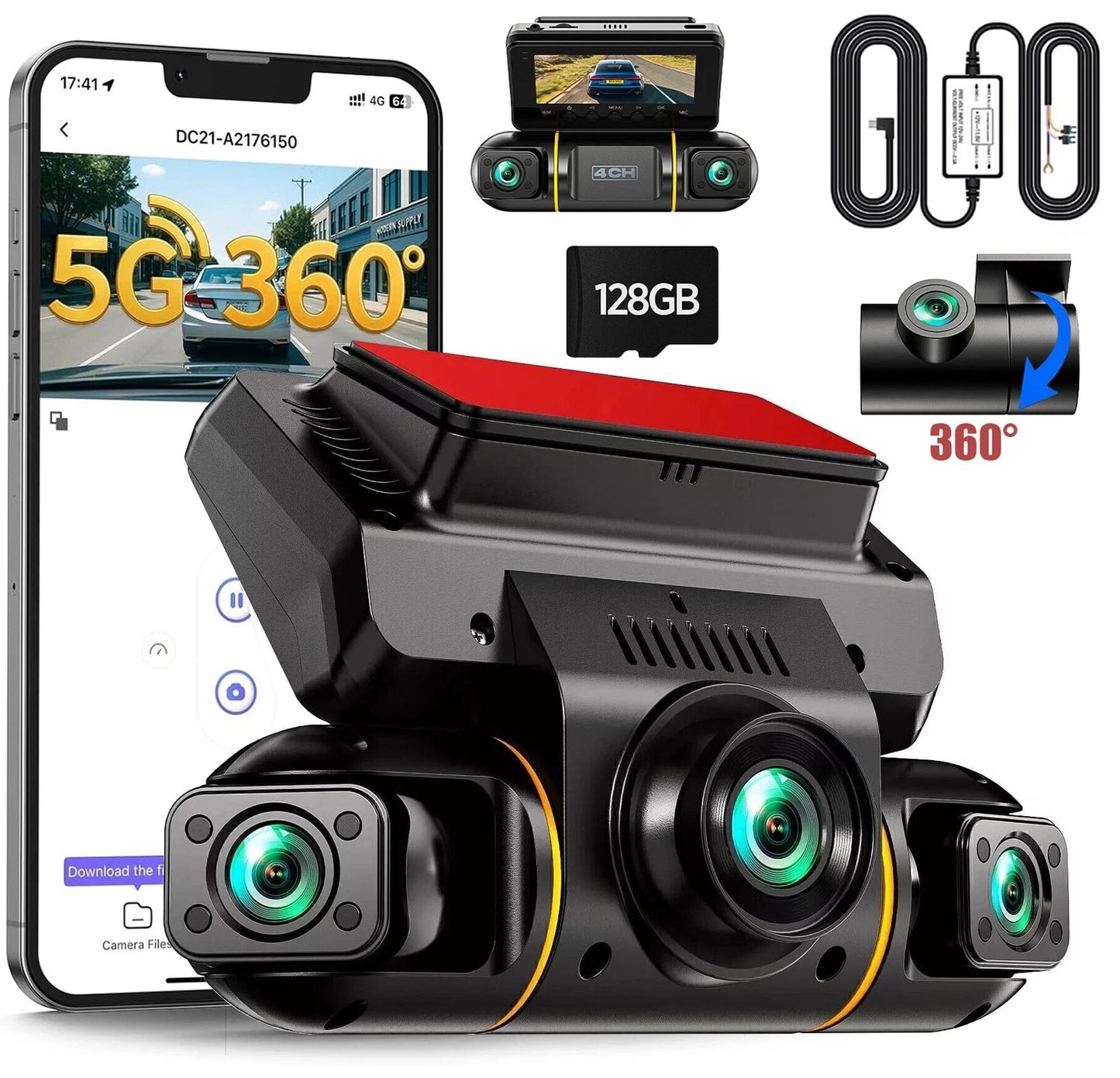 4 Channel Dash Cam 360° Front Rear Inside DashCam, FHD 1080P Car Camera 128GB
