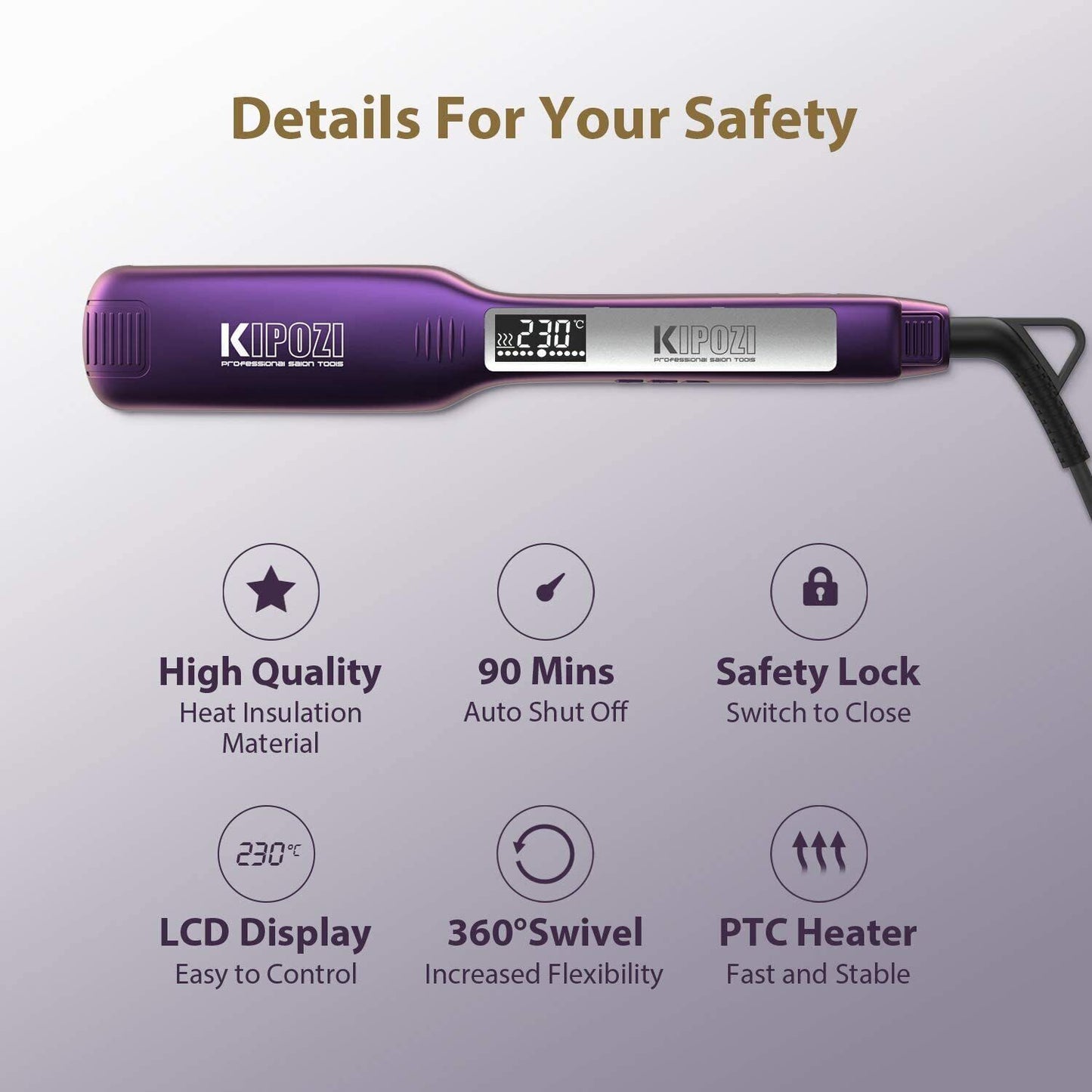 KIPOZI Professional Hair Straighteners Wide Plates Digital Display Heat up Fast