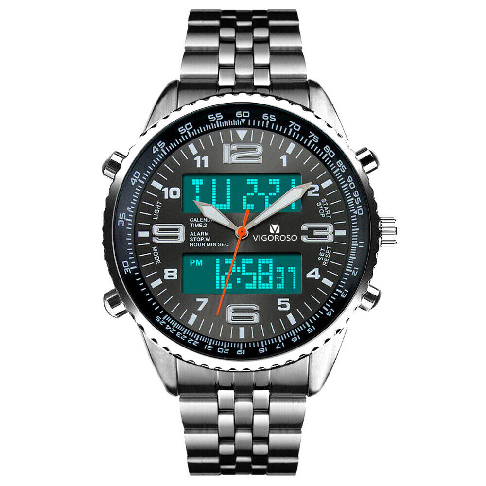Luxury Mens Analogue Digital LED Stainless Steel Waterproof Military Sport Watch