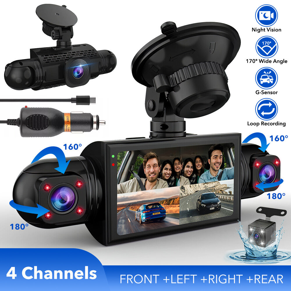 360° 4 Channel Dash Cam 1080P 4 Lens Front Rear Inside Driving Recorder G-Sensor