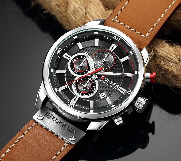 CURREN Men's Chronograph Date Waterproof Leather Strap Luxury Sports Wrist Watch
