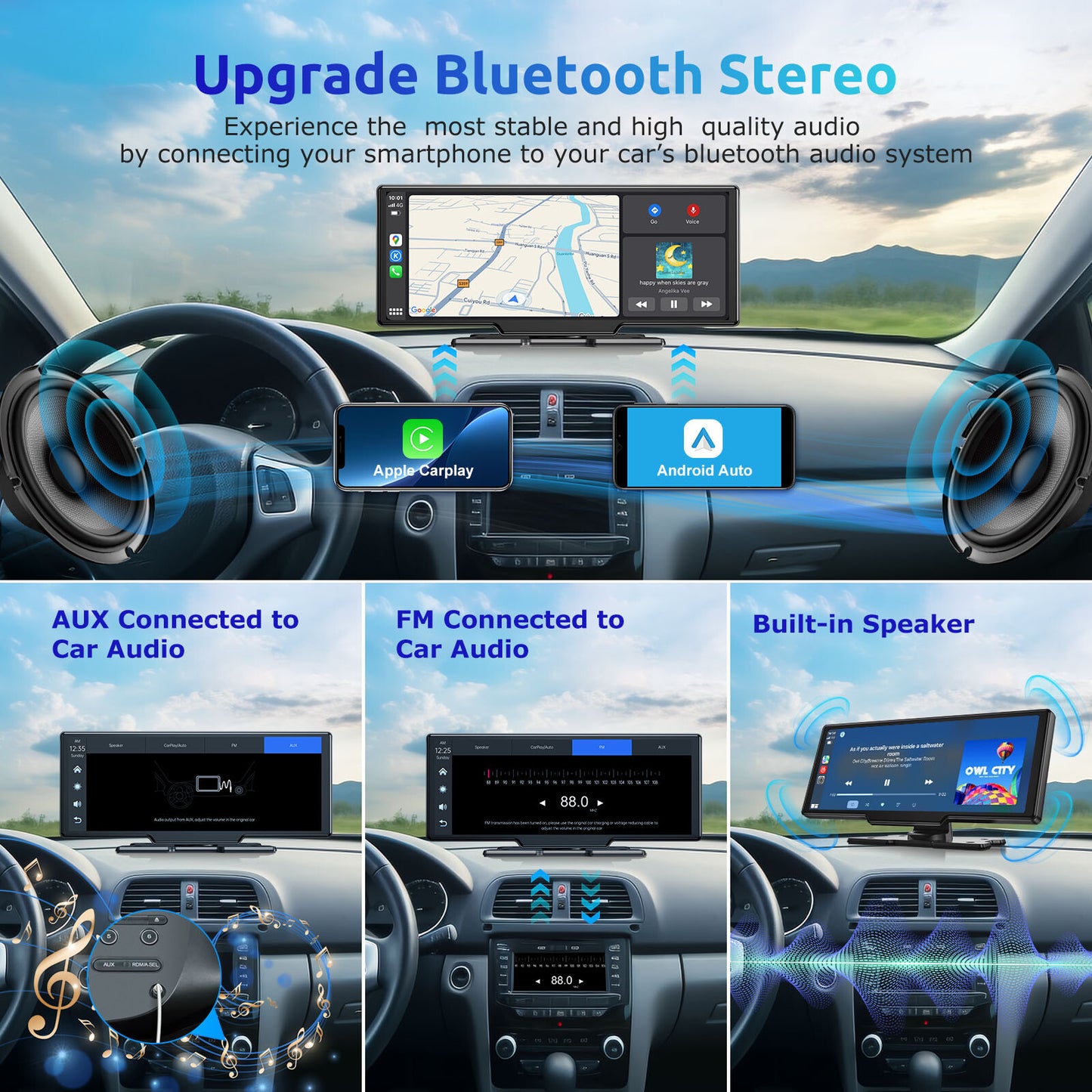10" Portable 4K Touch Screen Car Stereo Wireless Apple Carplay Android Auto BT