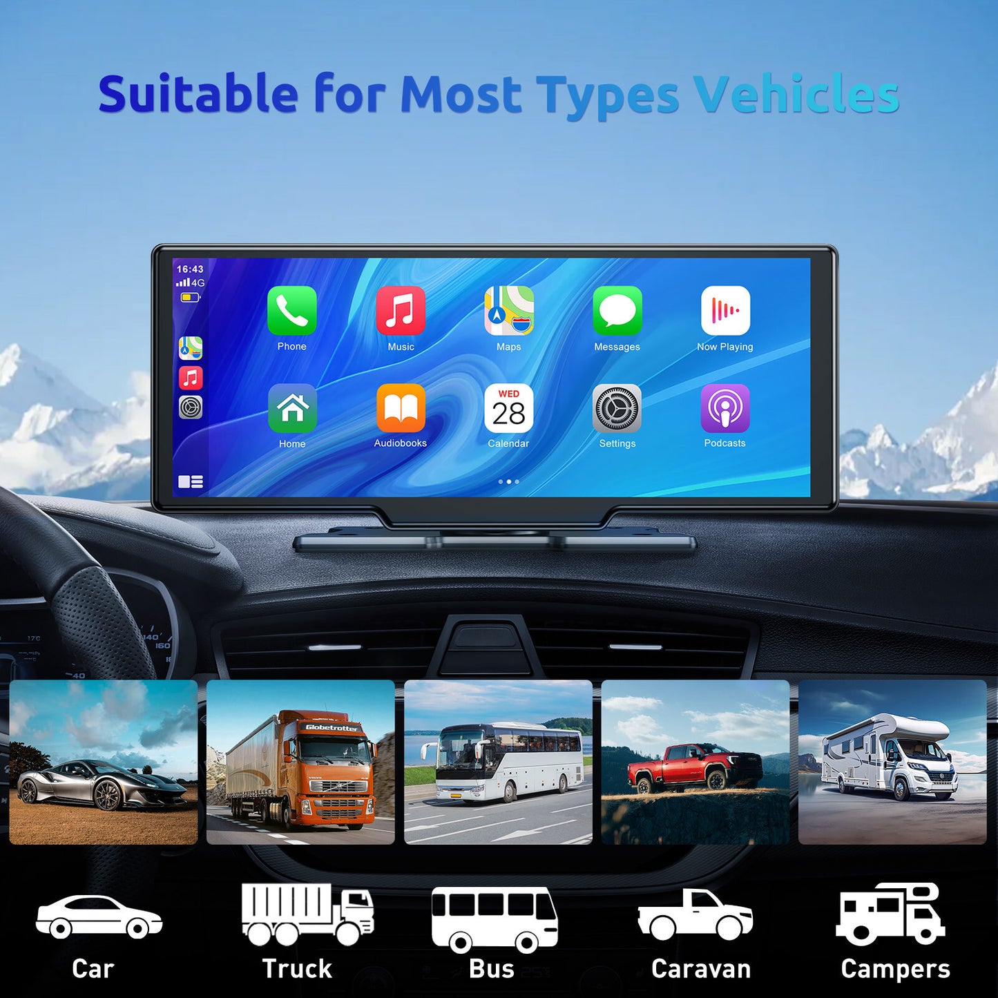 10" Portable 4K Touch Screen Car Stereo Wireless Apple Carplay Android Auto BT