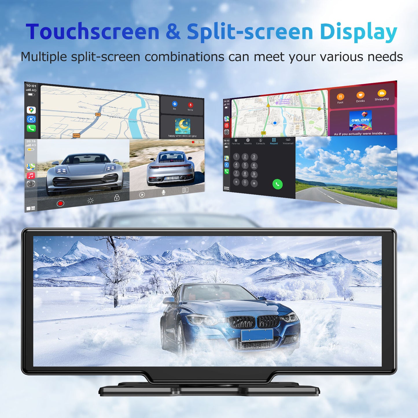 10" Portable 4K Touch Screen Car Stereo Wireless Apple Carplay Android Auto BT