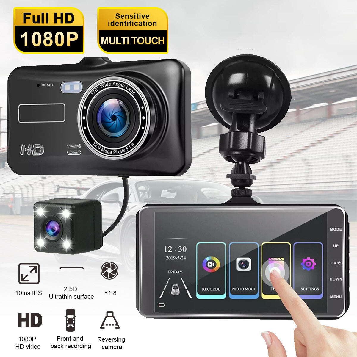 4" Dash Cam Pro Car Camera Recorder Dual Front and Rear HD 1080P Night + SD Card