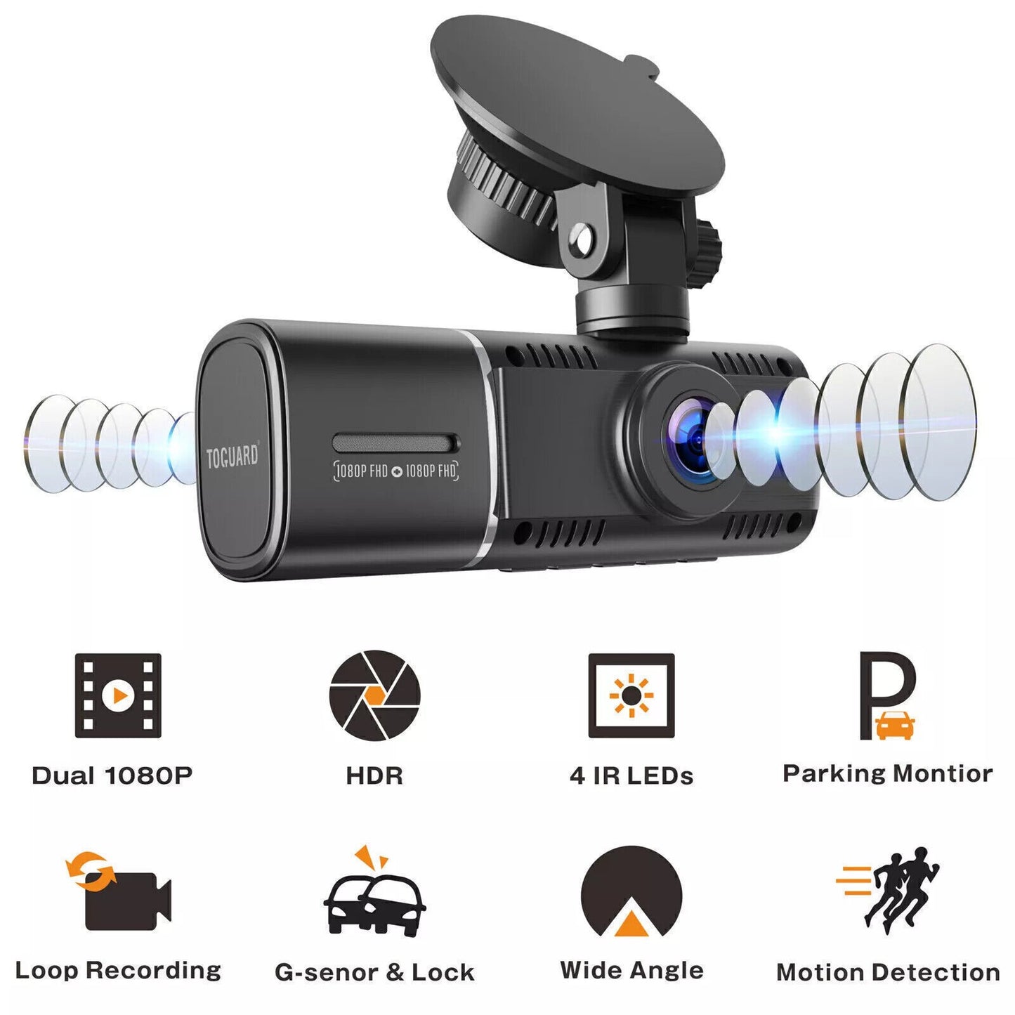 TOGUARD Dual Dash Cam FHD 1080P+1080P Front Inside Cabin Car Camera Night Vision
