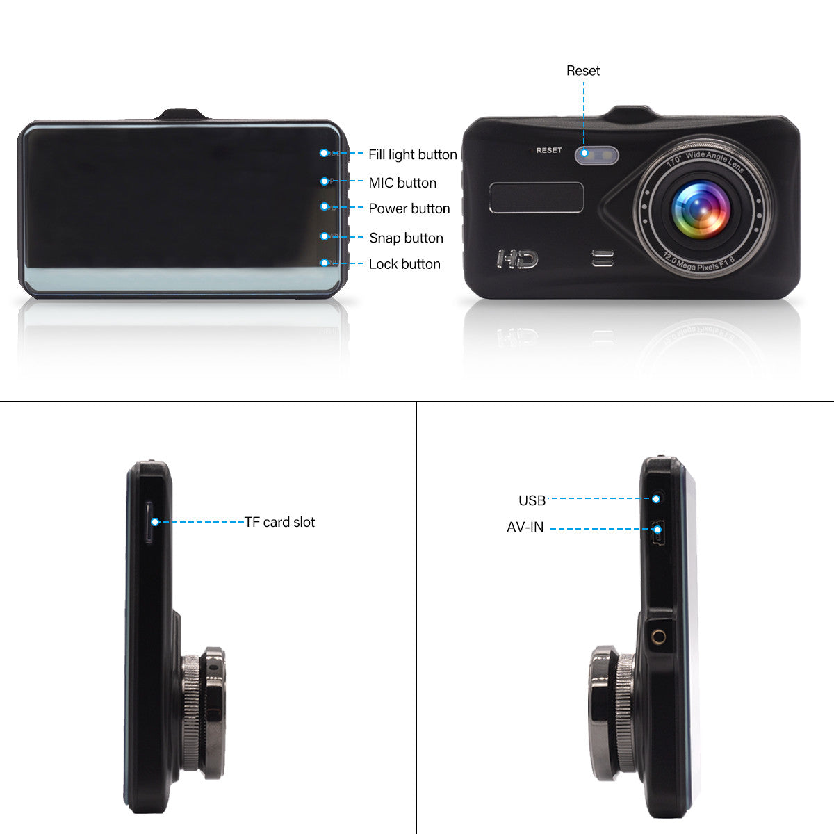 4" Dash Cam Pro Car Camera Recorder Dual Front and Rear HD 1080P Night + SD Card