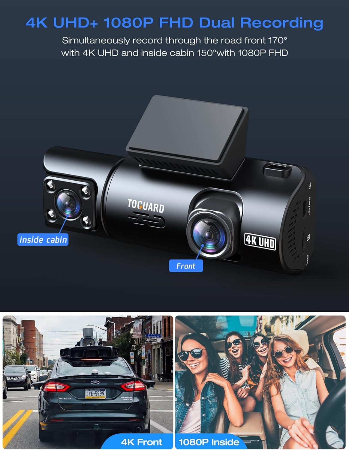 TOGUARD Dual Dash Cam 4K Front and 1080P Inside Cabin GPS Dual Lens Car Camera