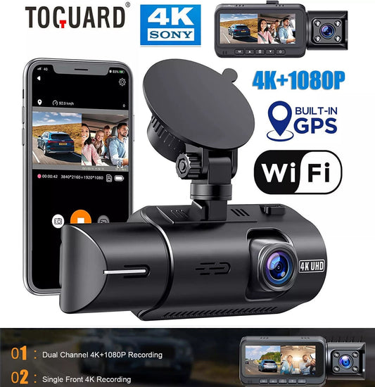 TOGUARD Dual Dash Cam 4K Front and 1080P Inside Cabin GPS Dual Lens Car Camera