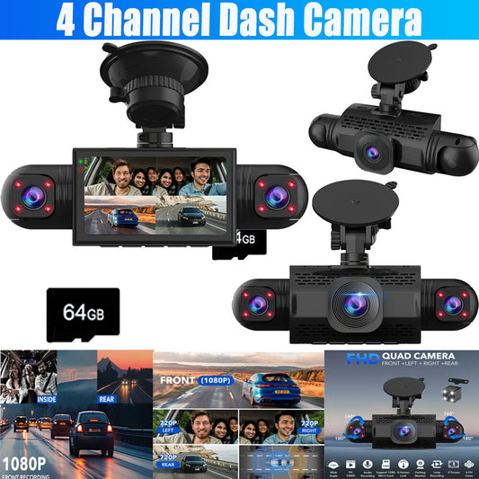 1080P Car Dash Camera +64GB Card Front Rear Driving Recorder 4 Channel G-Sensor
