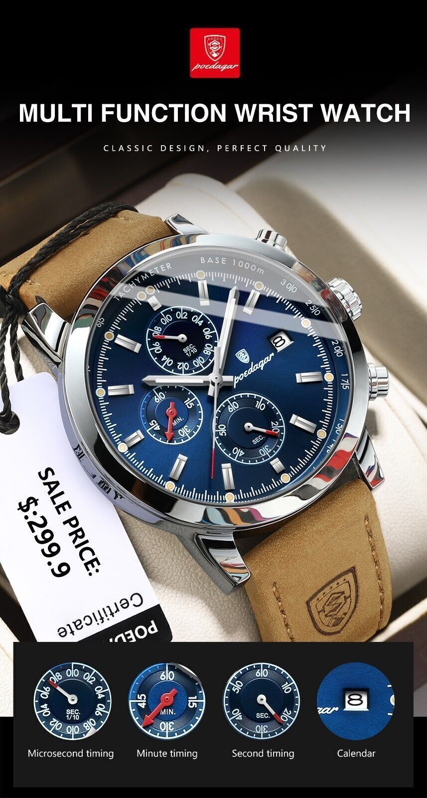 Mens Luxury Watch Waterproof Luminous Date Chronograph Leather Quartz Wristwatch