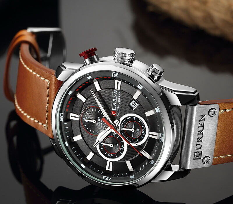 CURREN Men's Chronograph Date Waterproof Leather Strap Luxury Sports Wrist Watch