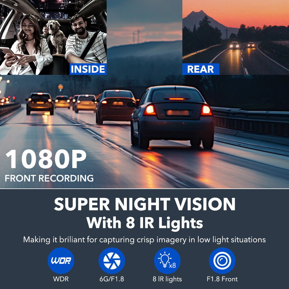 1080P Car Dash Camera +64GB Card Front Rear Driving Recorder 4 Channel G-Sensor