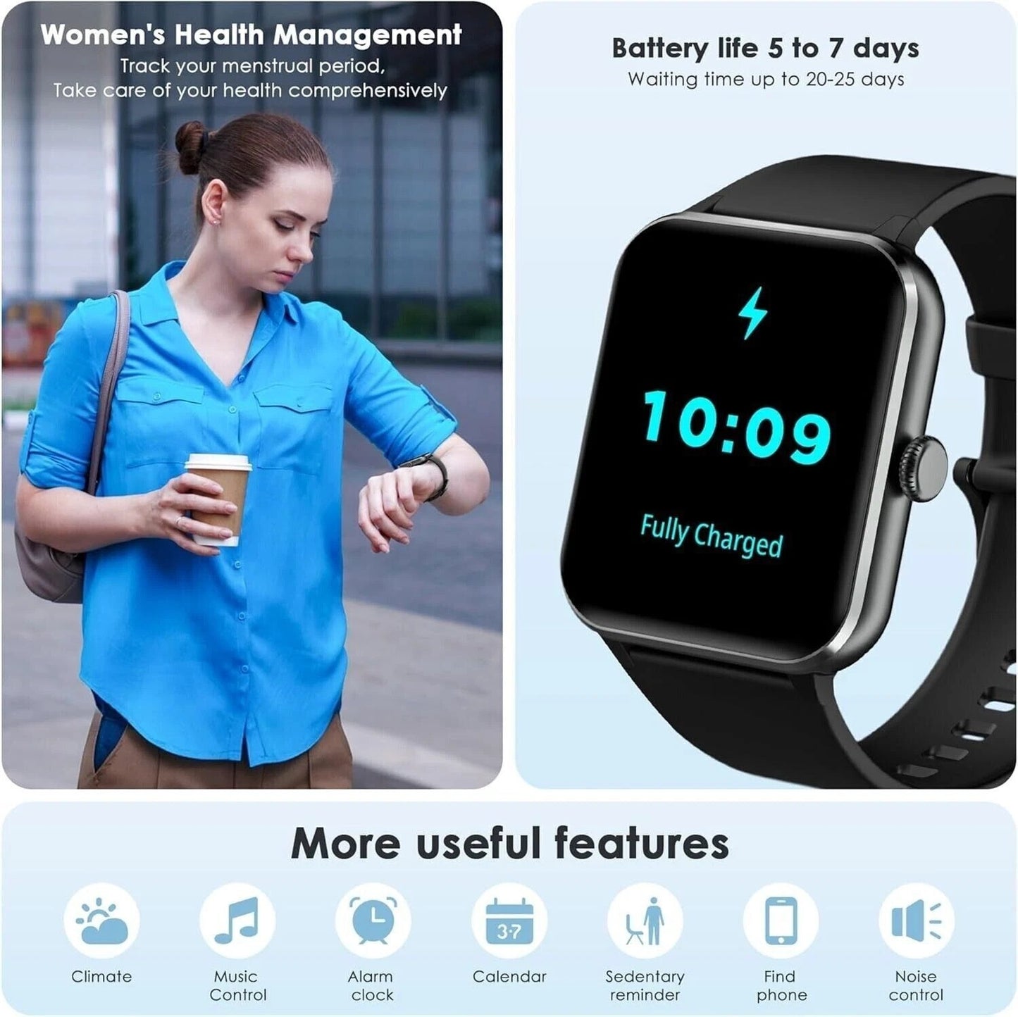 Alexa Smart Watch Calls Bluetooth Heart Rate Blood Pressure iPhone Samsung