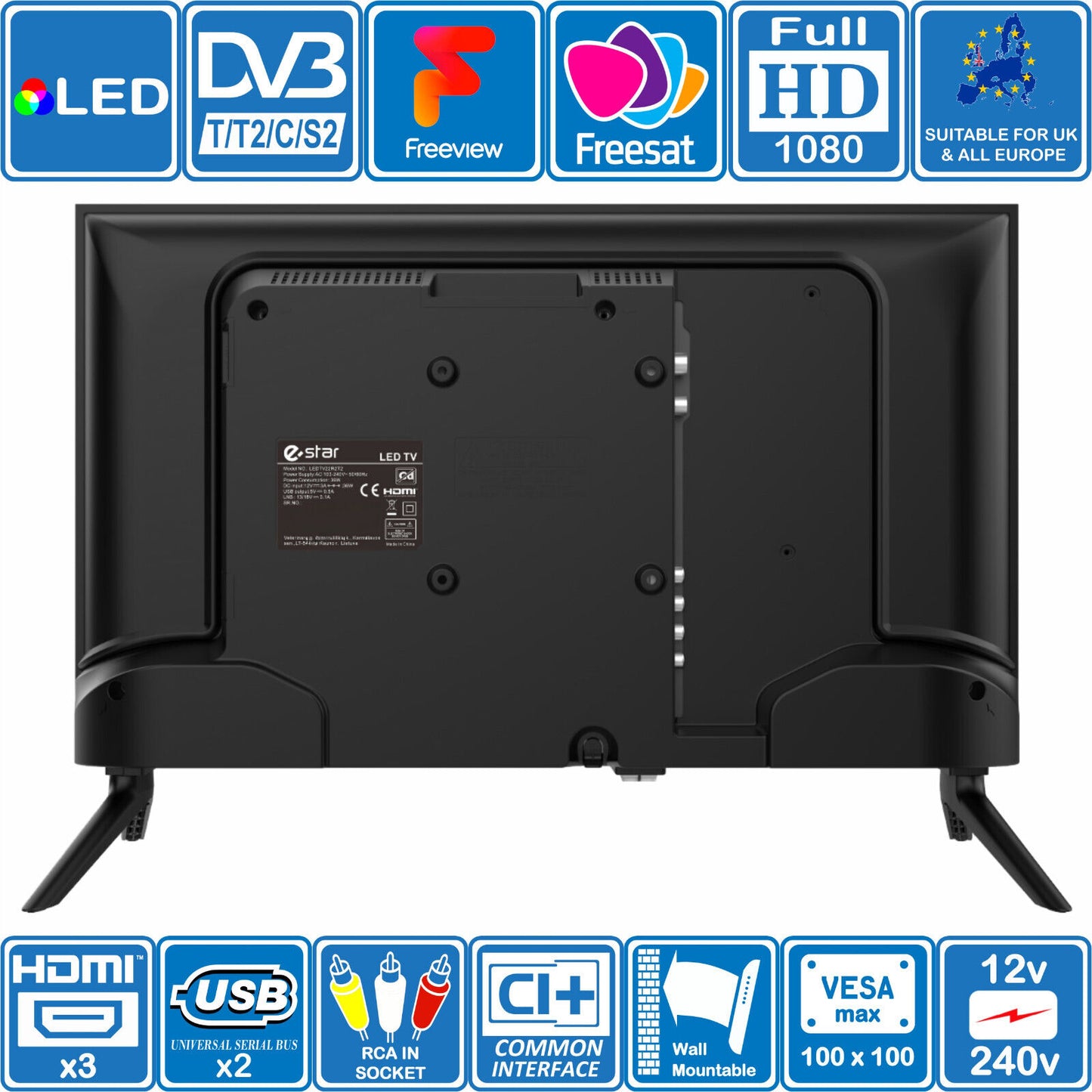 eStar 22" 12V or 240V TV Frameless Full HD 1080p 3xHDMI ideal for Motorhomes