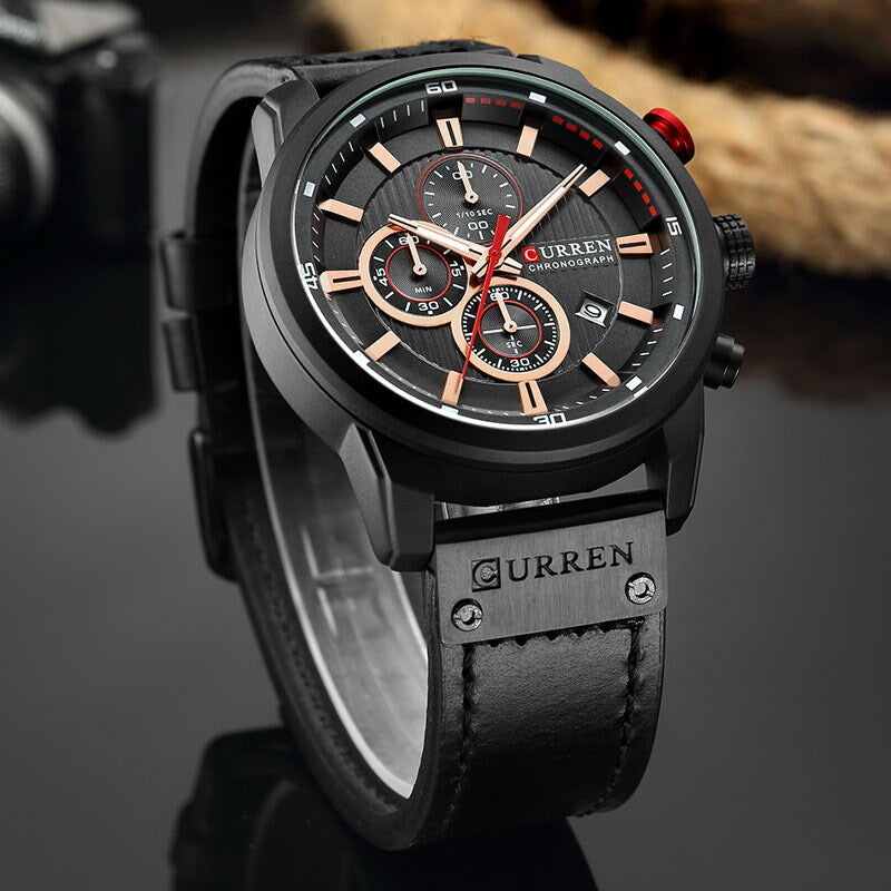 CURREN Men's Chronograph Date Waterproof Leather Strap Luxury Sports Wrist Watch